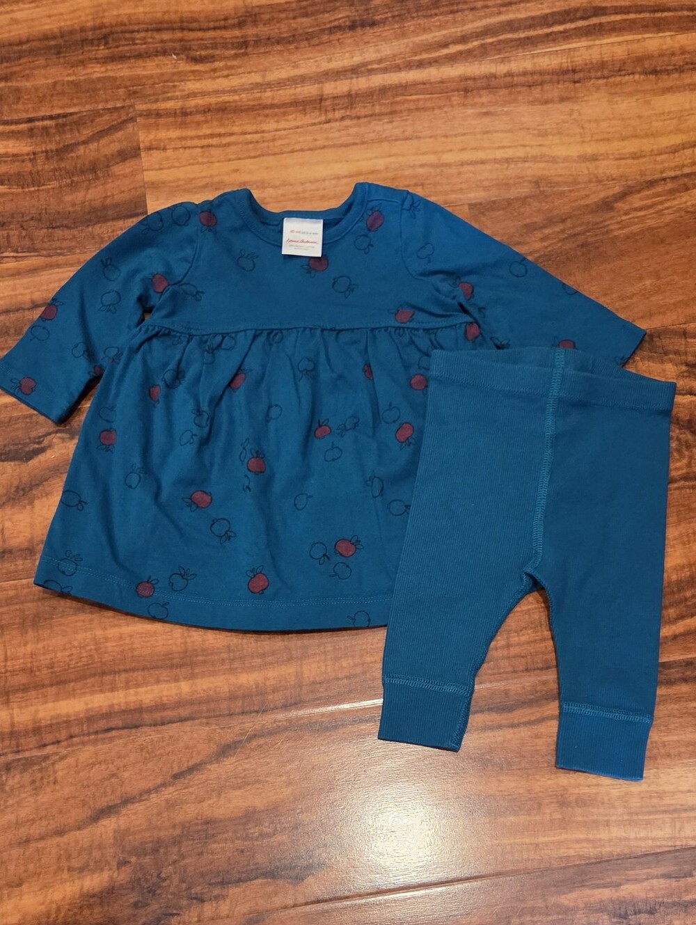 Hanna Andersson EUC 3-6 Months (60) Teal Apple Print Dress and Leggings